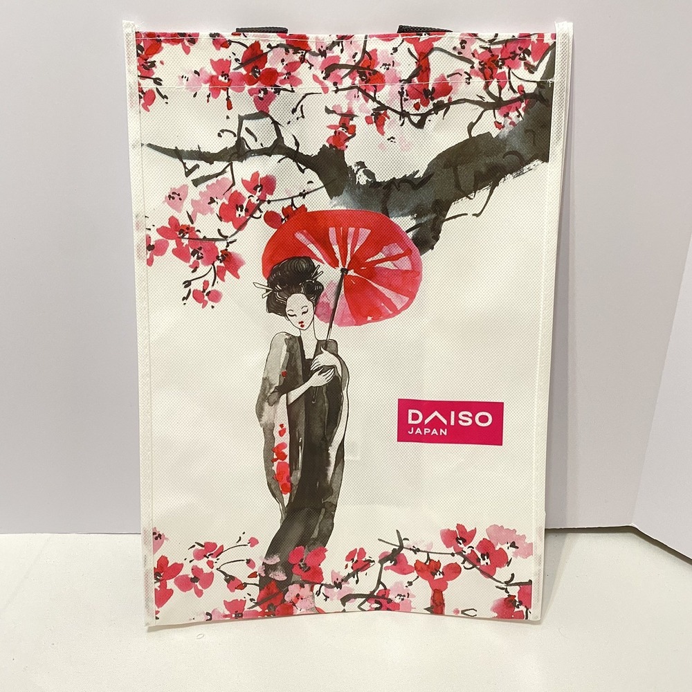 DAISO Reusable Shopping Tote Bag Geisha Sakura Blossoms 15.5x11 NWT - Picture 1 of 5